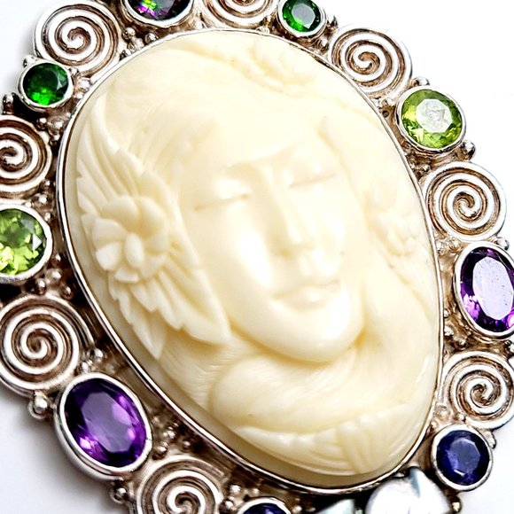 Sajen Sterling Silver Carved Shell Goddess Face Gemstone Pendant #8352 - Picture 4 of 6